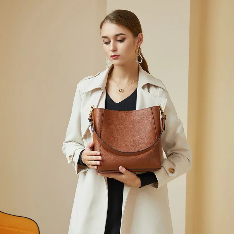 Genuine Leather Casual Shoulder Bucket Handbag