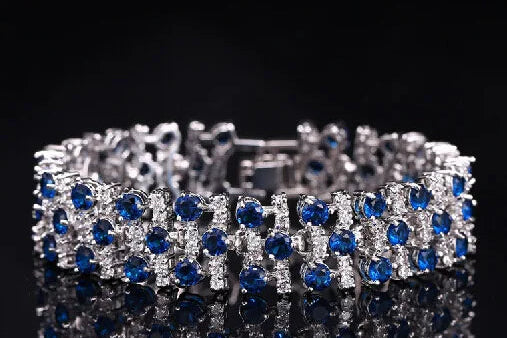 White Gold Color Luxury White And Royal Blue CZ Crystal Stone Bracelets Bangles