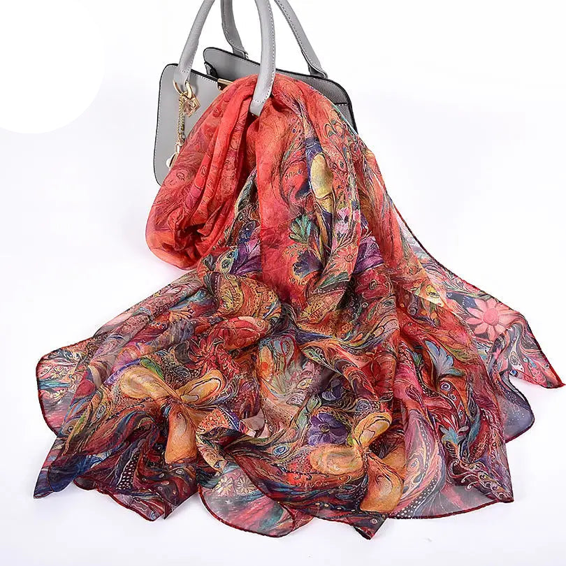 100% Silk Scarf Cape Fashion Floral Design Long Scarves
