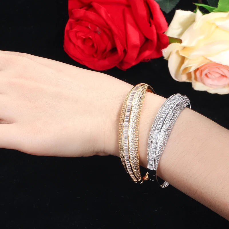 Brilliant Cubic Zirconia Gold Plated Big Round Cuff Bangles Luxury Jewelry Accessories