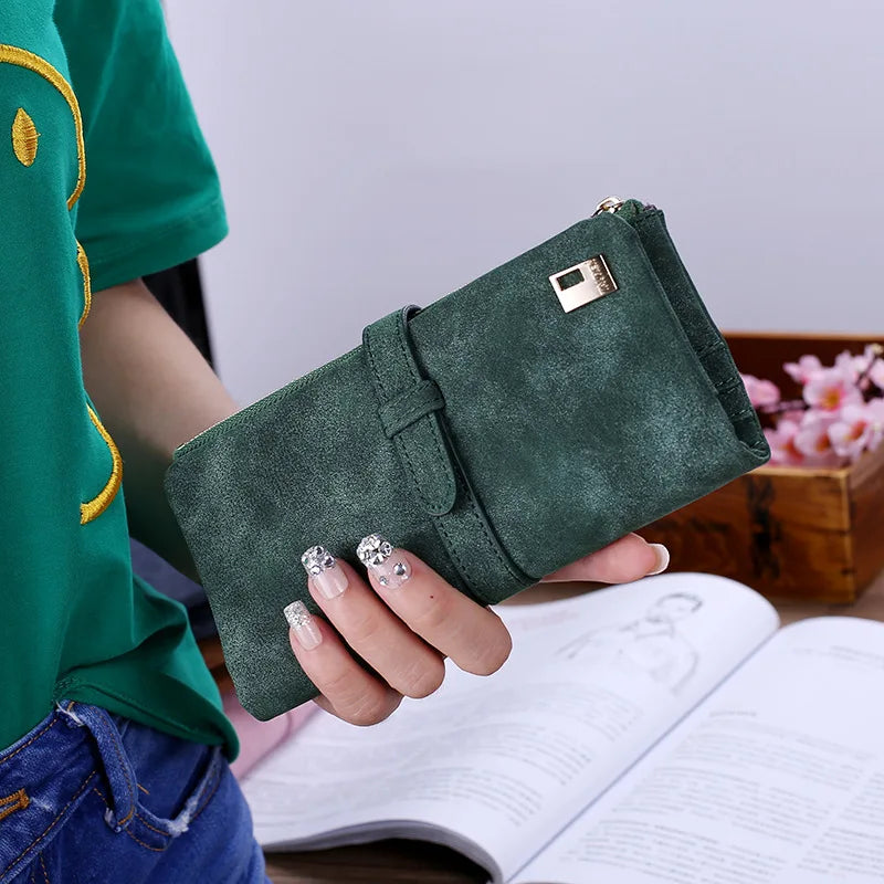Women Retro Matte Wallets PU Leather Long Purse Clutch