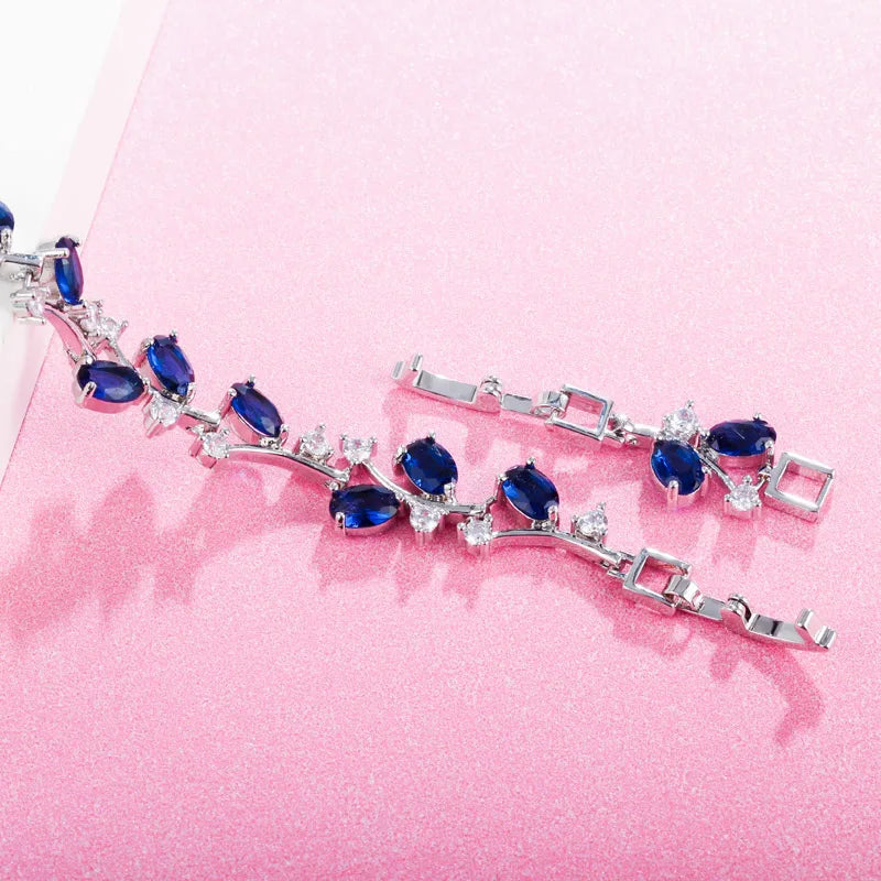 Delicate Oval Dark Blue Stones Crystals Tennis Bracelet Silver Color Fashion Jewelry