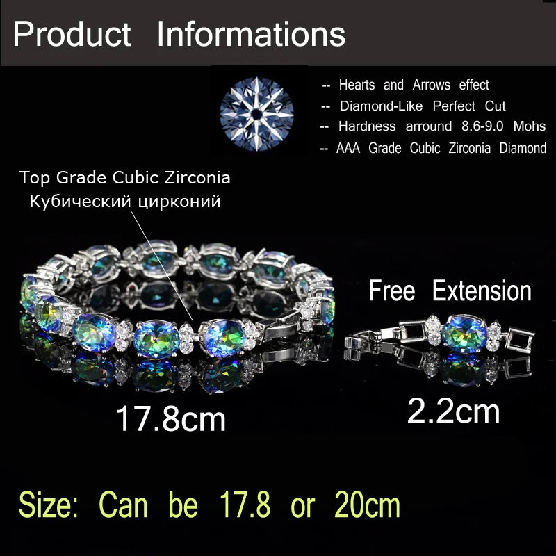 CWWZircons Brand Beautiful Round Oval Mystical Blue Rainbow Color Big Crystal Stone Bracelet Best Jewelry Gift for Women CB030