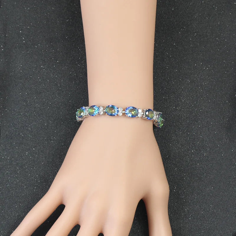 CWWZircons Brand Beautiful Round Oval Mystical Blue Rainbow Color Big Crystal Stone Bracelet Best Jewelry Gift for Women CB030