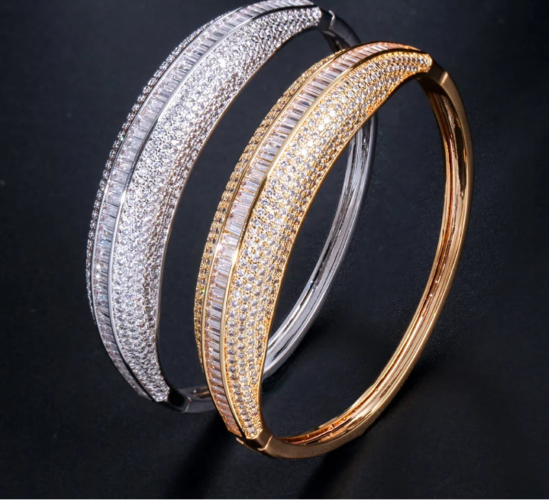 Brilliant Cubic Zirconia Gold Plated Big Round Cuff Bangles Luxury Jewelry Accessories
