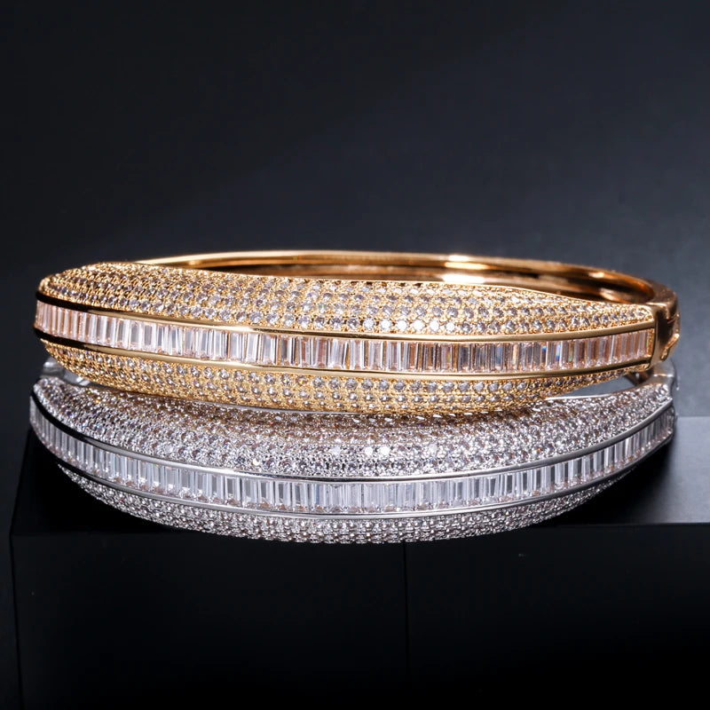 Brilliant Cubic Zirconia Gold Plated Big Round Cuff Bangles Luxury Jewelry Accessories