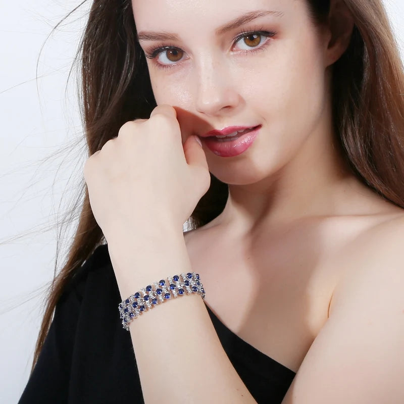 White Gold Color Luxury White And Royal Blue CZ Crystal Stone Bracelets Bangles