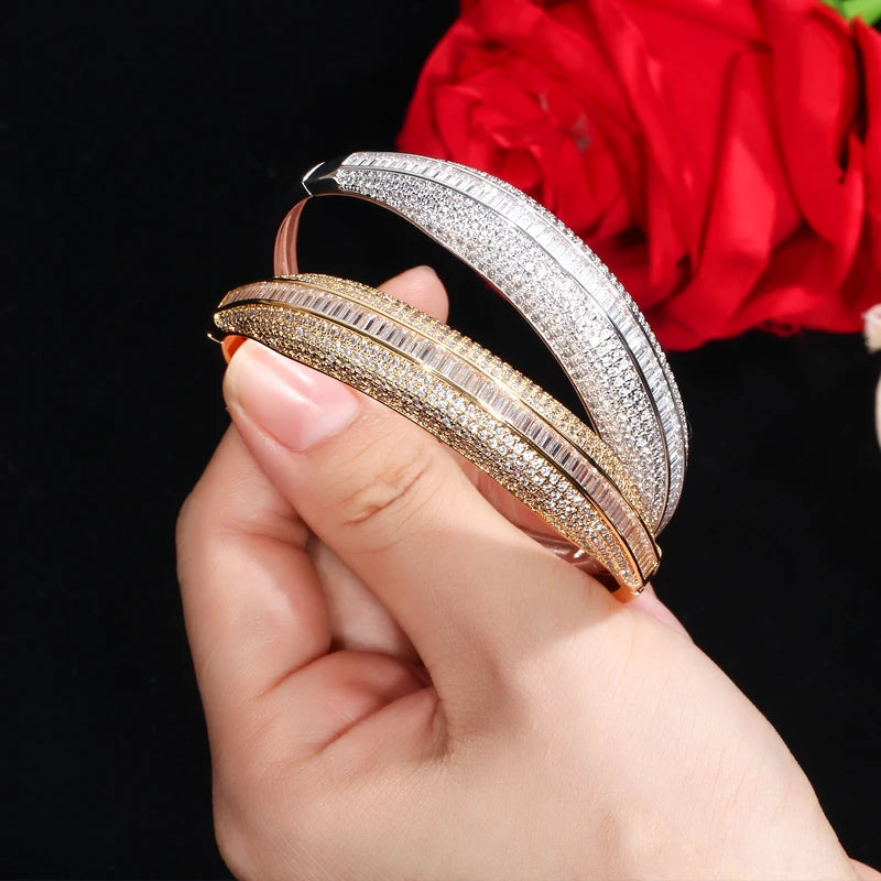 Brilliant Cubic Zirconia Gold Plated Big Round Cuff Bangles Luxury Jewelry Accessories