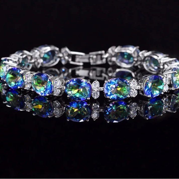 CWWZircons Brand Beautiful Round Oval Mystical Blue Rainbow Color Big Crystal Stone Bracelet Best Jewelry Gift for Women CB030