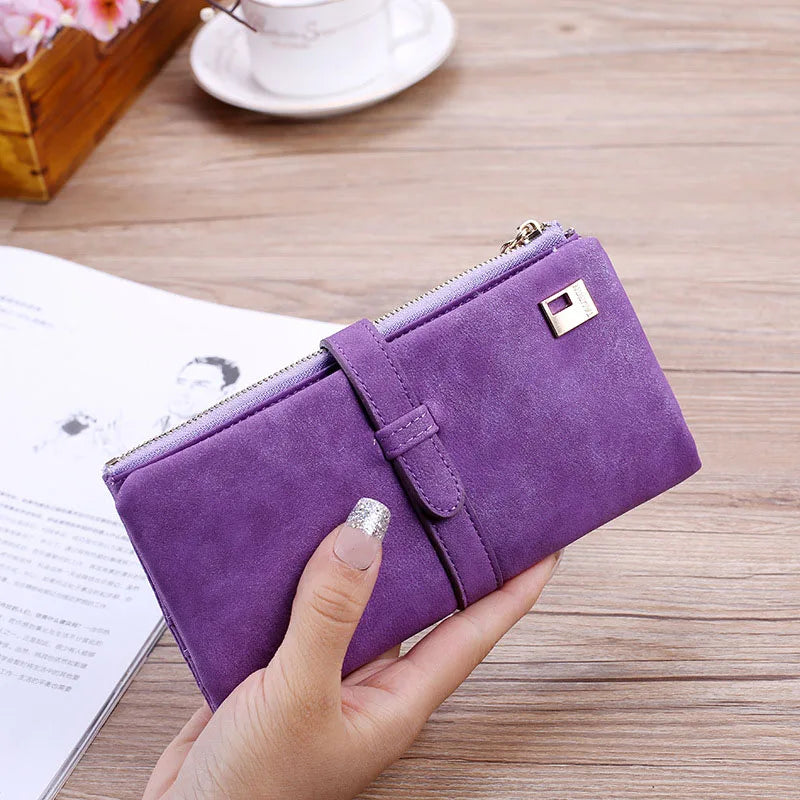 Women Retro Matte Wallets PU Leather Long Purse Clutch