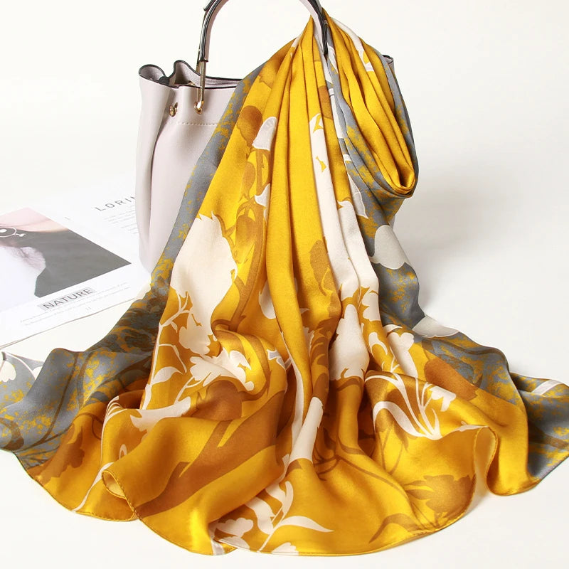 100% Silk Scarf Long Print Luxury Natural Silk Shawls Wraps Floral Real Silk Scarves