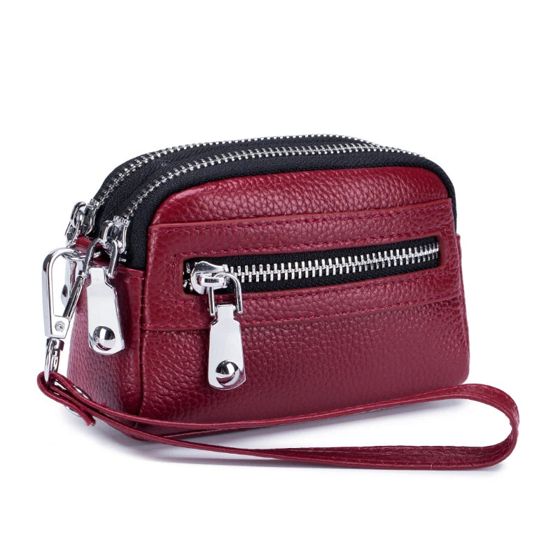 Genuine Leather Women Mini Wallet Double Zipper Coin Purse