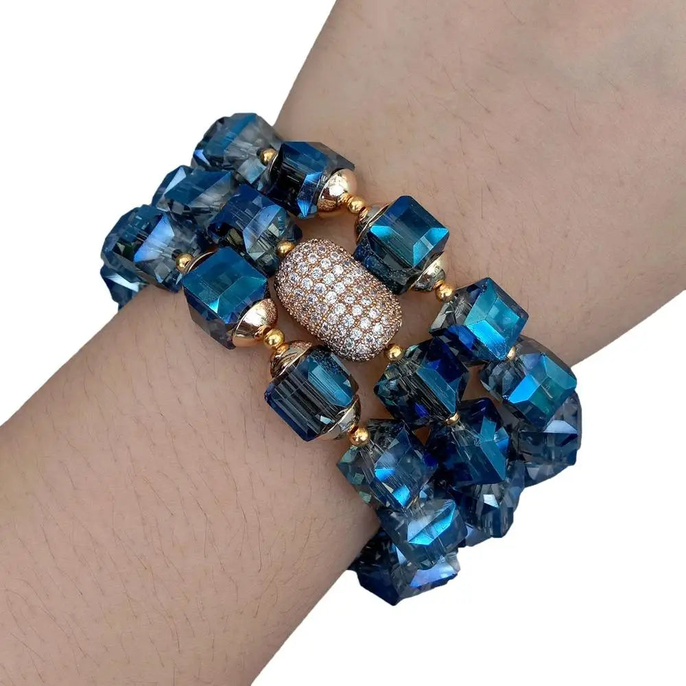 KKGEM 3 Strands Faceted Cube Shape Blue Crystal Cubic Zirconia Pave Bead Bracelet 8.5"