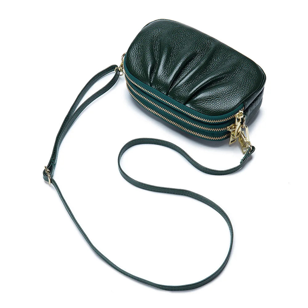 Cloud Bag Soft Genuine Leather Bag Three Layers of Zipper Shoulder Messenger Bag Clutches