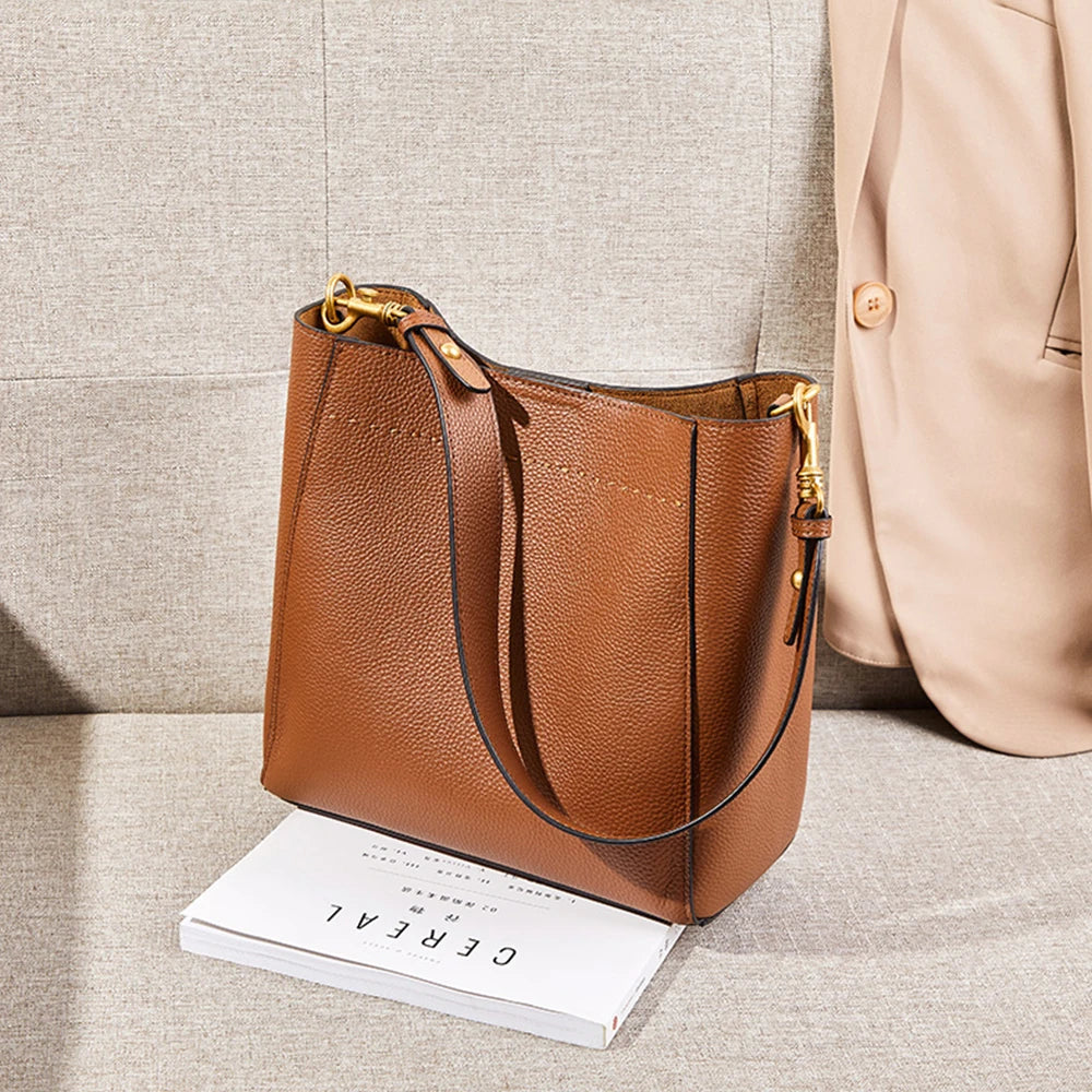 Genuine Leather Casual Shoulder Bucket Handbag