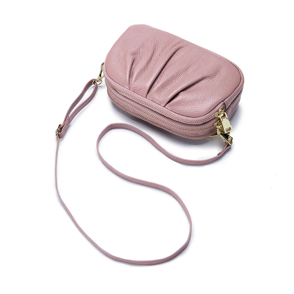 Cloud Bag Soft Genuine Leather Bag Three Layers of Zipper Shoulder Messenger Bag Clutches