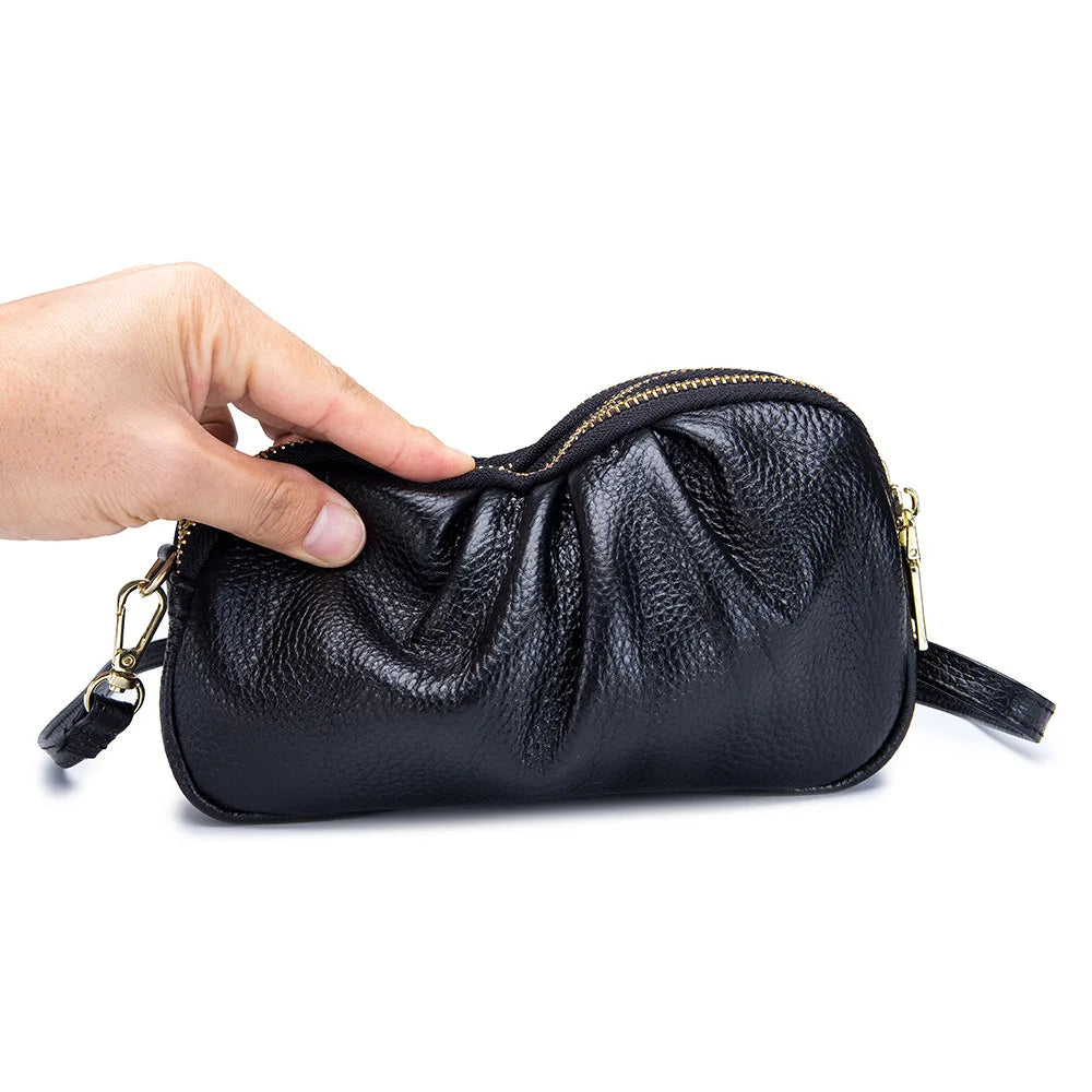 Cloud Bag Soft Genuine Leather Bag Three Layers of Zipper Shoulder Messenger Bag Clutches