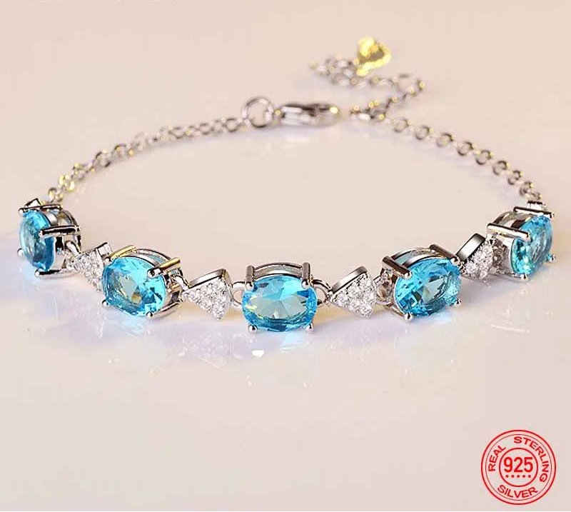 925 Sterling Silver Aquamarine Charm Bracelets Chain For Women Fashion Jewelry