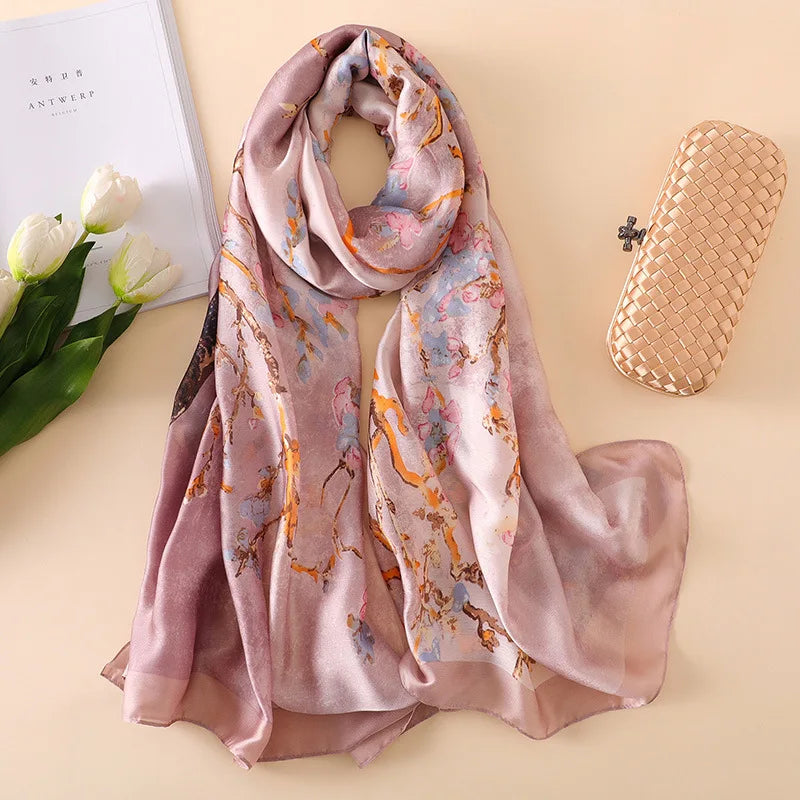 Luxury Silk Scarf Women Designer Floral Silk Shawls Ladies Wraps Scarves