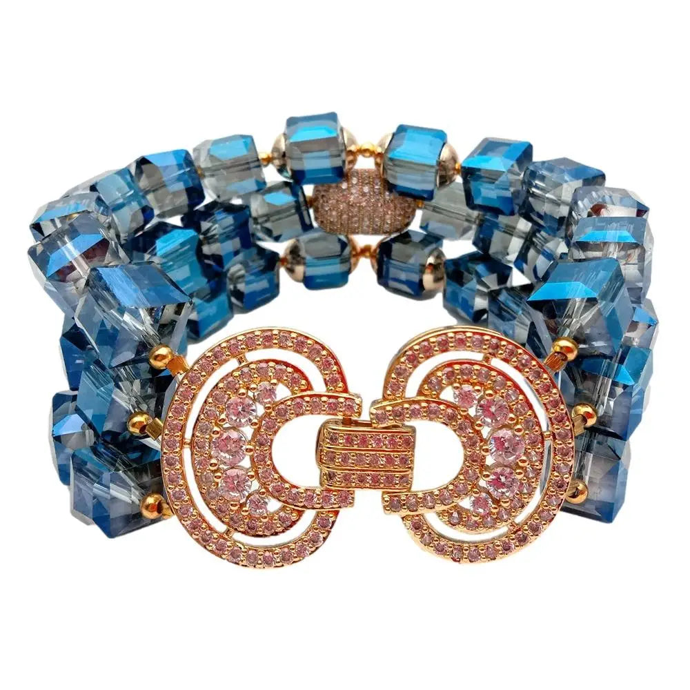 KKGEM 3 Strands Faceted Cube Shape Blue Crystal Cubic Zirconia Pave Bead Bracelet 8.5"