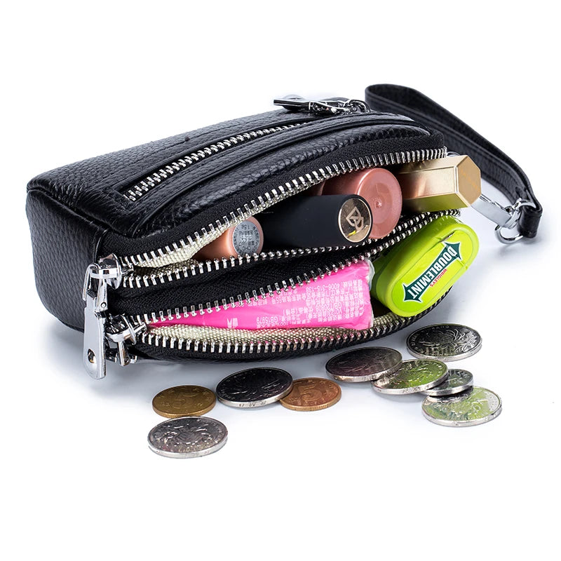 Genuine Leather Women Mini Wallet Double Zipper Coin Purse
