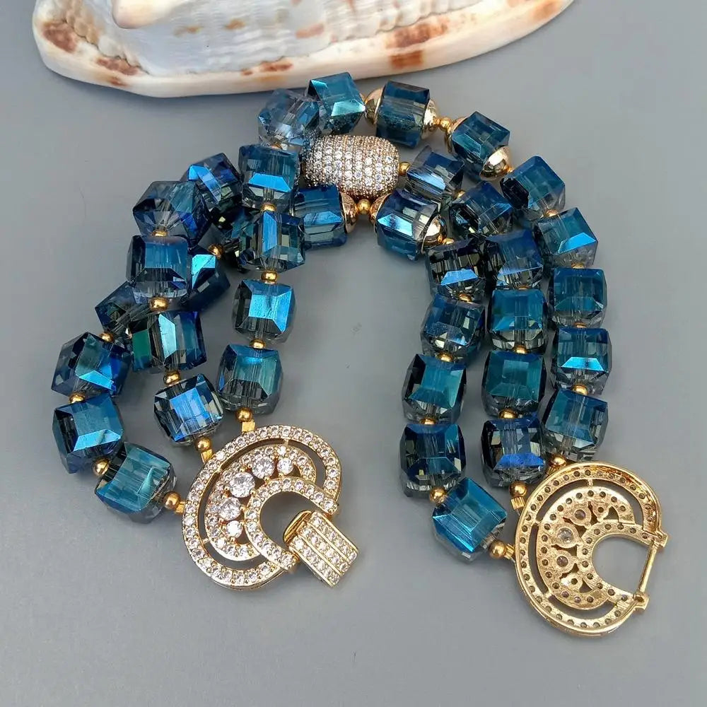 KKGEM 3 Strands Faceted Cube Shape Blue Crystal Cubic Zirconia Pave Bead Bracelet 8.5"