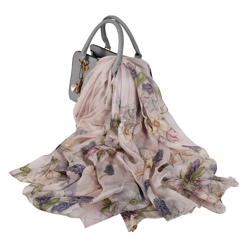 100% Silk Scarf Cape Fashion Floral Design Long Scarves