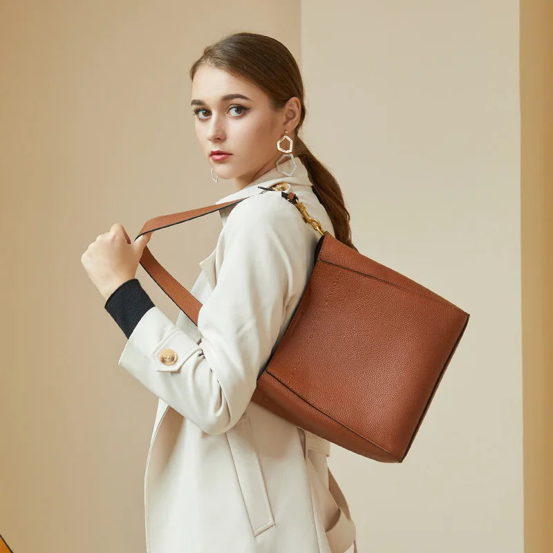 Genuine Leather Casual Shoulder Bucket Handbag