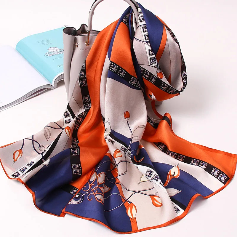 100% Silk Scarf Long Print Luxury Natural Silk Shawls Wraps Floral Real Silk Scarves