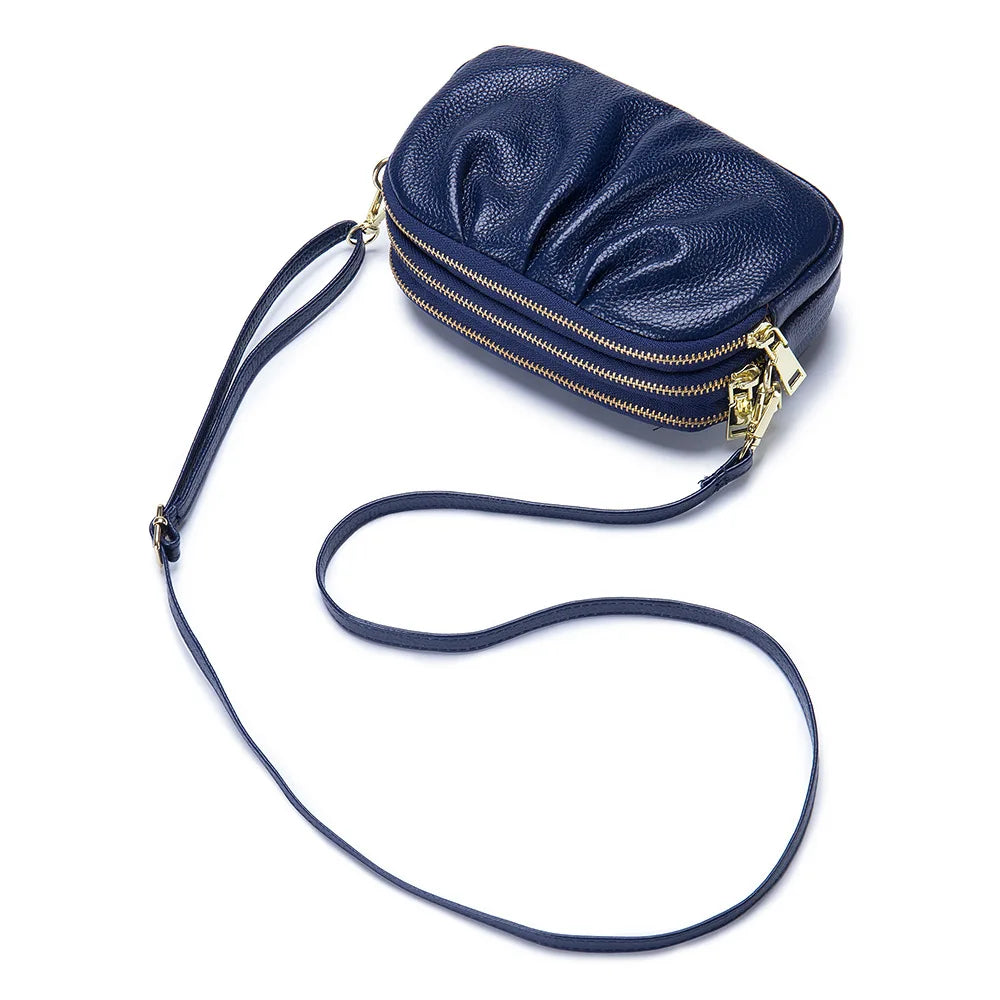 Cloud Bag Soft Genuine Leather Bag Three Layers of Zipper Shoulder Messenger Bag Clutches