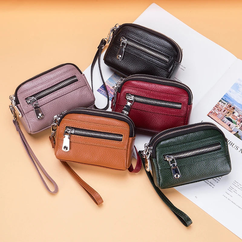 Genuine Leather Women Mini Wallet Double Zipper Coin Purse