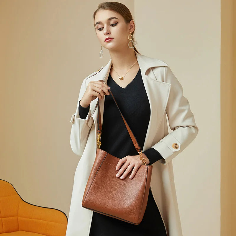 Genuine Leather Casual Shoulder Bucket Handbag