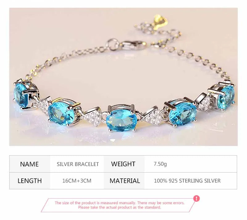 925 Sterling Silver Aquamarine Charm Bracelets Chain For Women Fashion Jewelry