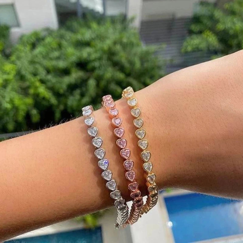 Iced Out AAA Cubic Zirconia Heart Tennis Chain Bracelet