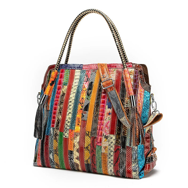 Multi-Color Soft Original Leather Luxury Patchwork Large Handbag Design Tote