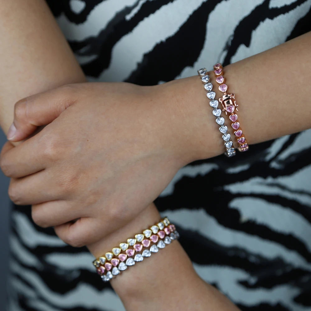 Iced Out AAA Cubic Zirconia Heart Tennis Chain Bracelet