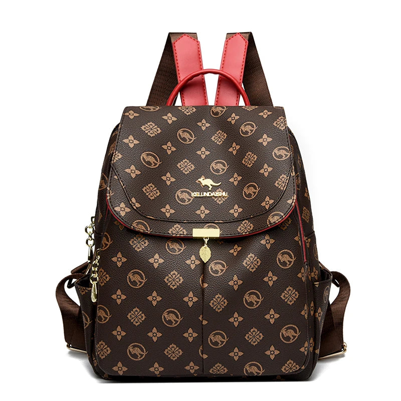 Classic Kangaroo Printed Backpacks Pu Leather Backpack