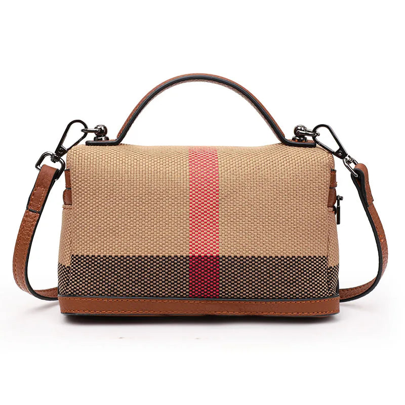 Women's shoulder crossbody mini bag plaid small square bag made of canvas and cowhide