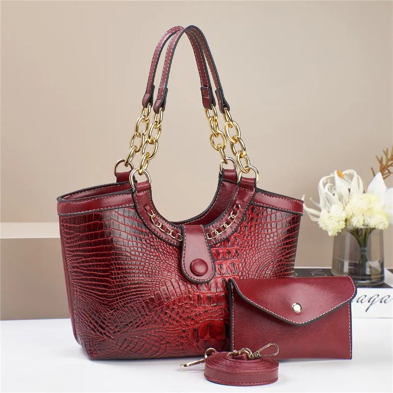 2Piece Set Chain Exquisite Crocodile Patterned Purse Handbag Elegant Crossbody
