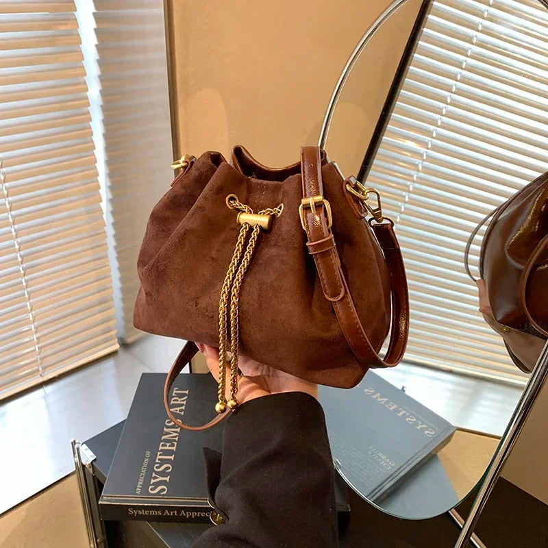Soft Solid Faux Suede Simple Commuting Crossbody Bags String Closure Type Handbags