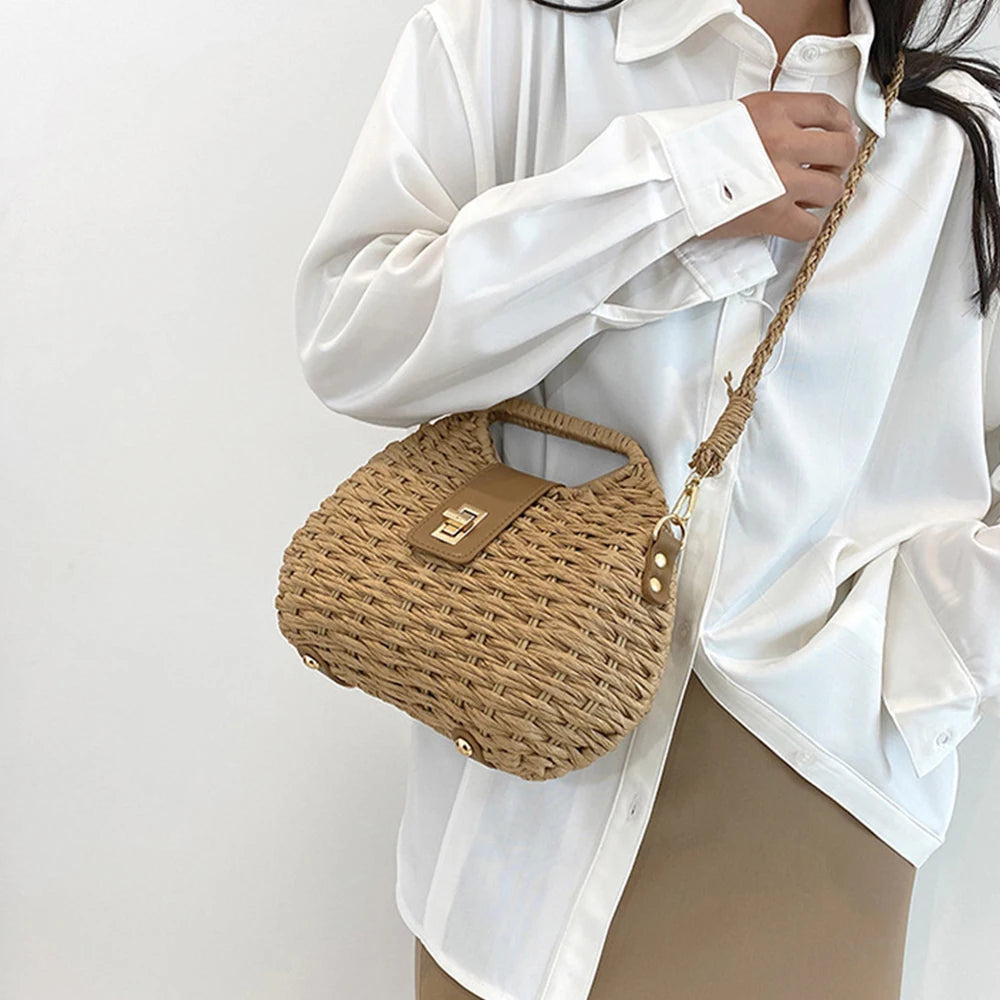 Fashion Wicker Rattan Bag Woven Women Handbags Summer Travel Crossbody Bag