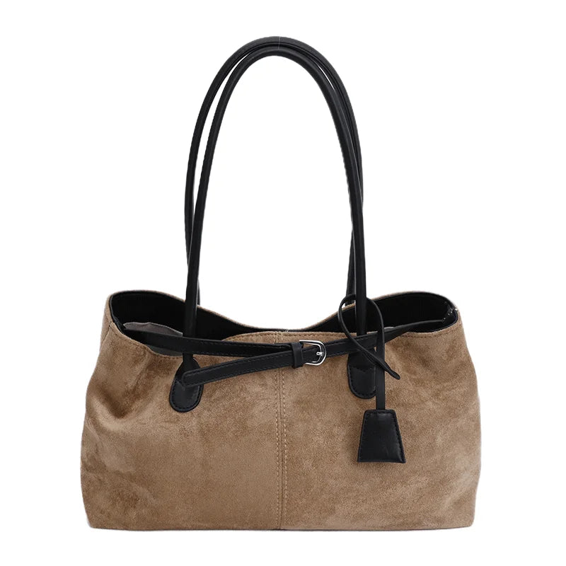 Vintage Faux Suede Leather Tote Bag Contrast Color Strap Casual Shoulder Handbag
