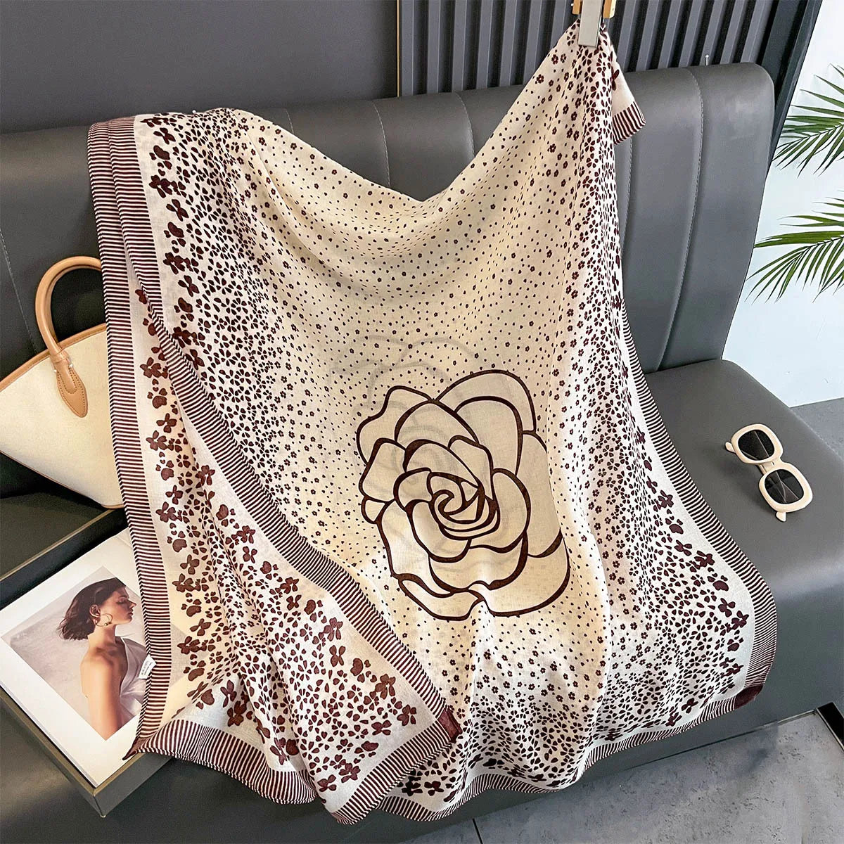 Season's Thin Sun-protective Cotton Linen Scarf Rose Print Silk Scarves Fashion