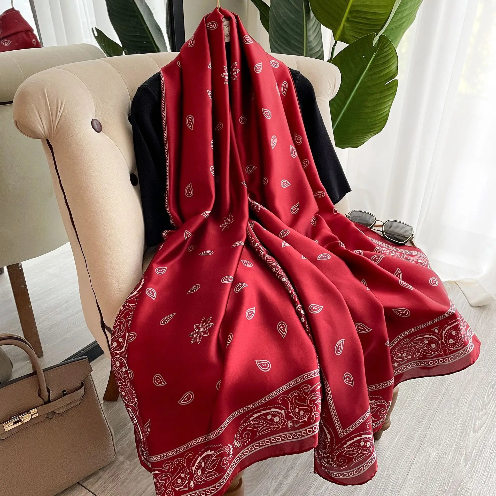 180*90cm Large Silk Satin Scarf Hijab Women Print Shawl