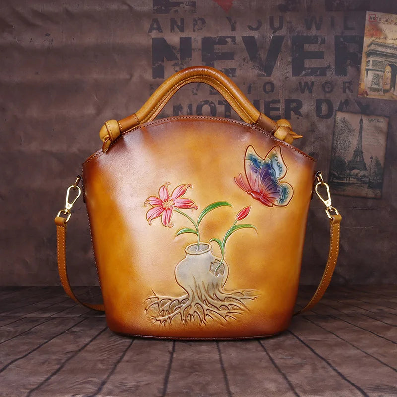 Leather Embossed Hand Brushed Oblique Bucket Bag