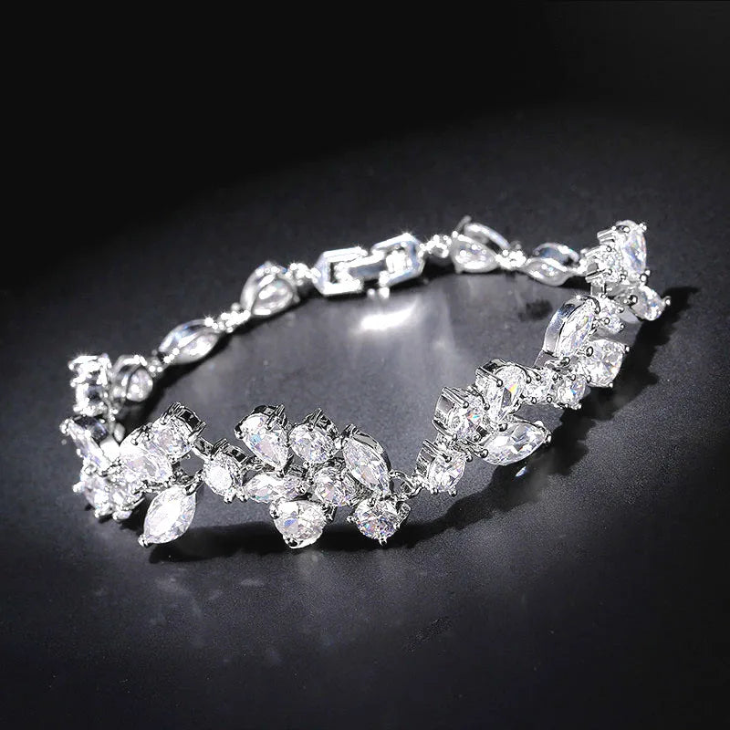 Luxury Leaf Shaped Bracelet Bangle White Cubic Zirconia