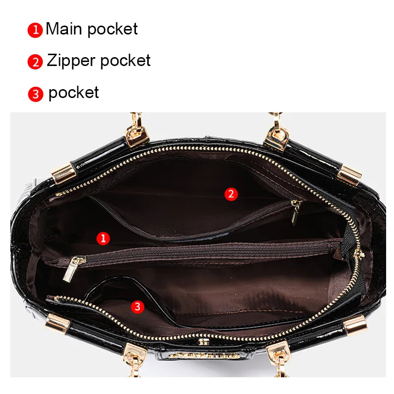 Black Crocodile Pattern Embossed Patent Leather Top Handle Bag