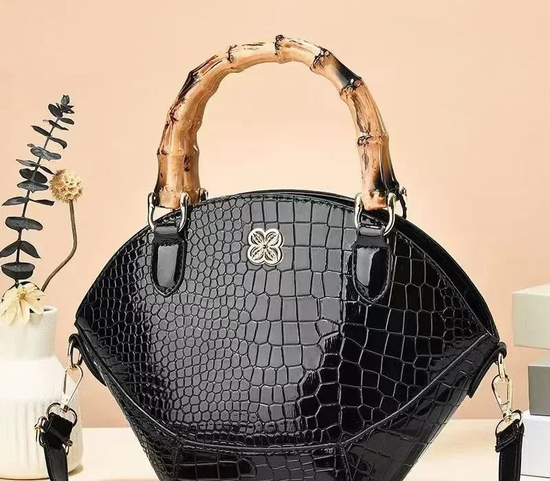 Fashionable Bag Texture Retro Bamboo Handbag Niche Creative Stone Pattern Leather Bag