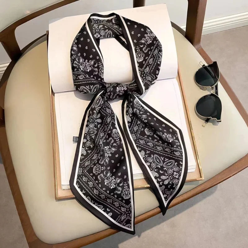 Slim Narrow Long Silk Scarf for Spring & Autumn Hair Band Elegant Small Scarf