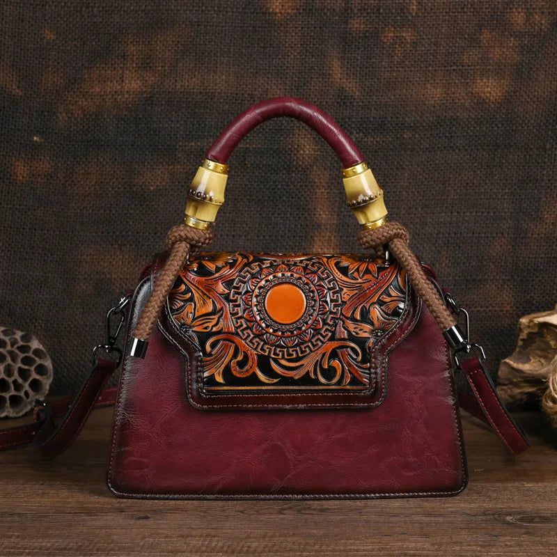 Vintage Handmade Embossed Women's Leather Luxury Handbag